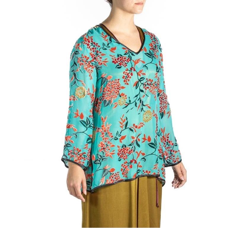 1940S Teal Rayon & Silk Burnout Velvet  Top For Sale 5