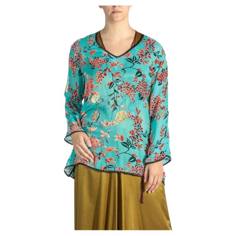 1940S Teal Rayon & Silk Burnout Velvet  Top For Sale