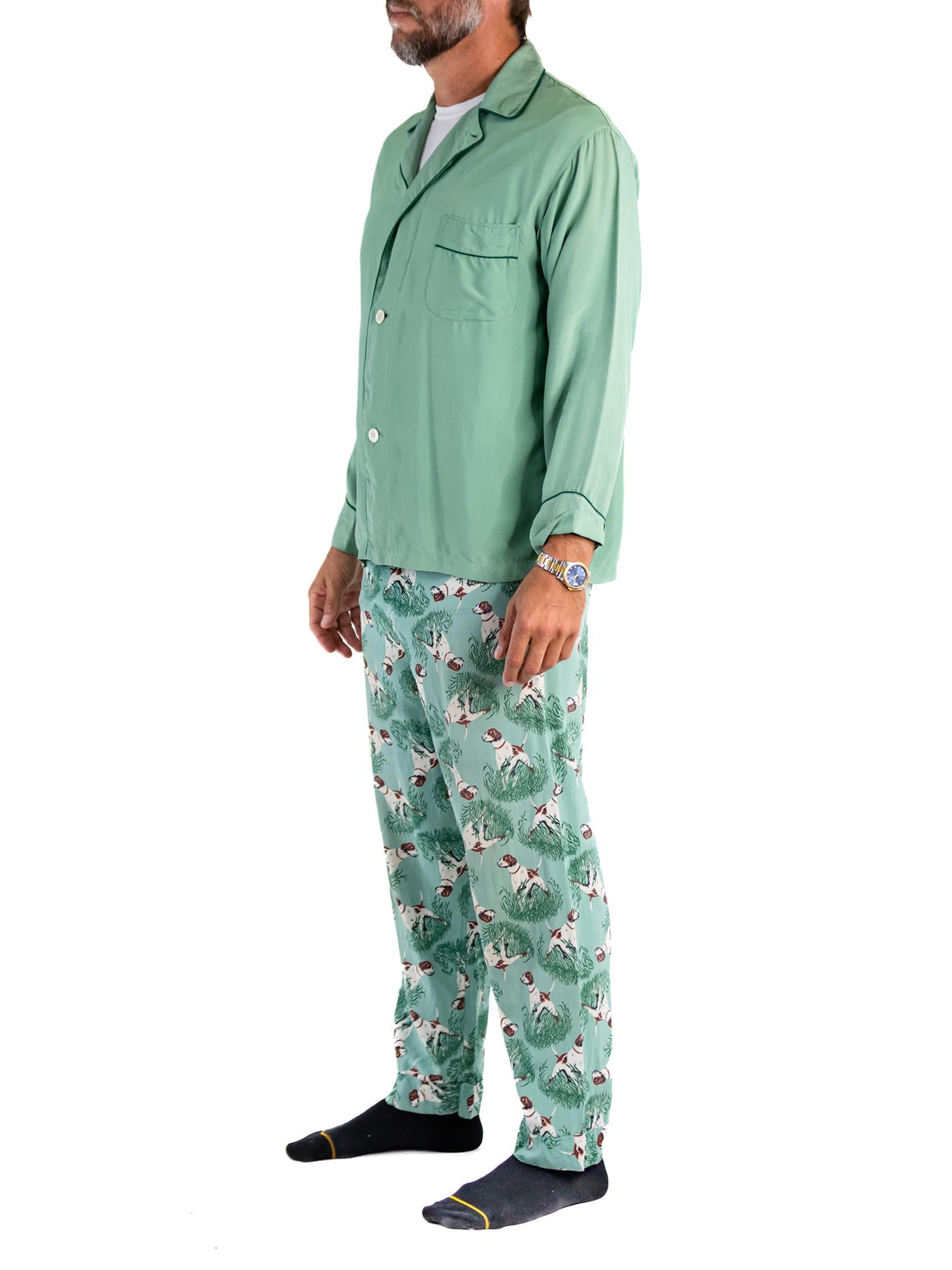 Men's 1940S Teal Rayon Solid Top And Hunting Dog Pants Pajamas Set For Sale