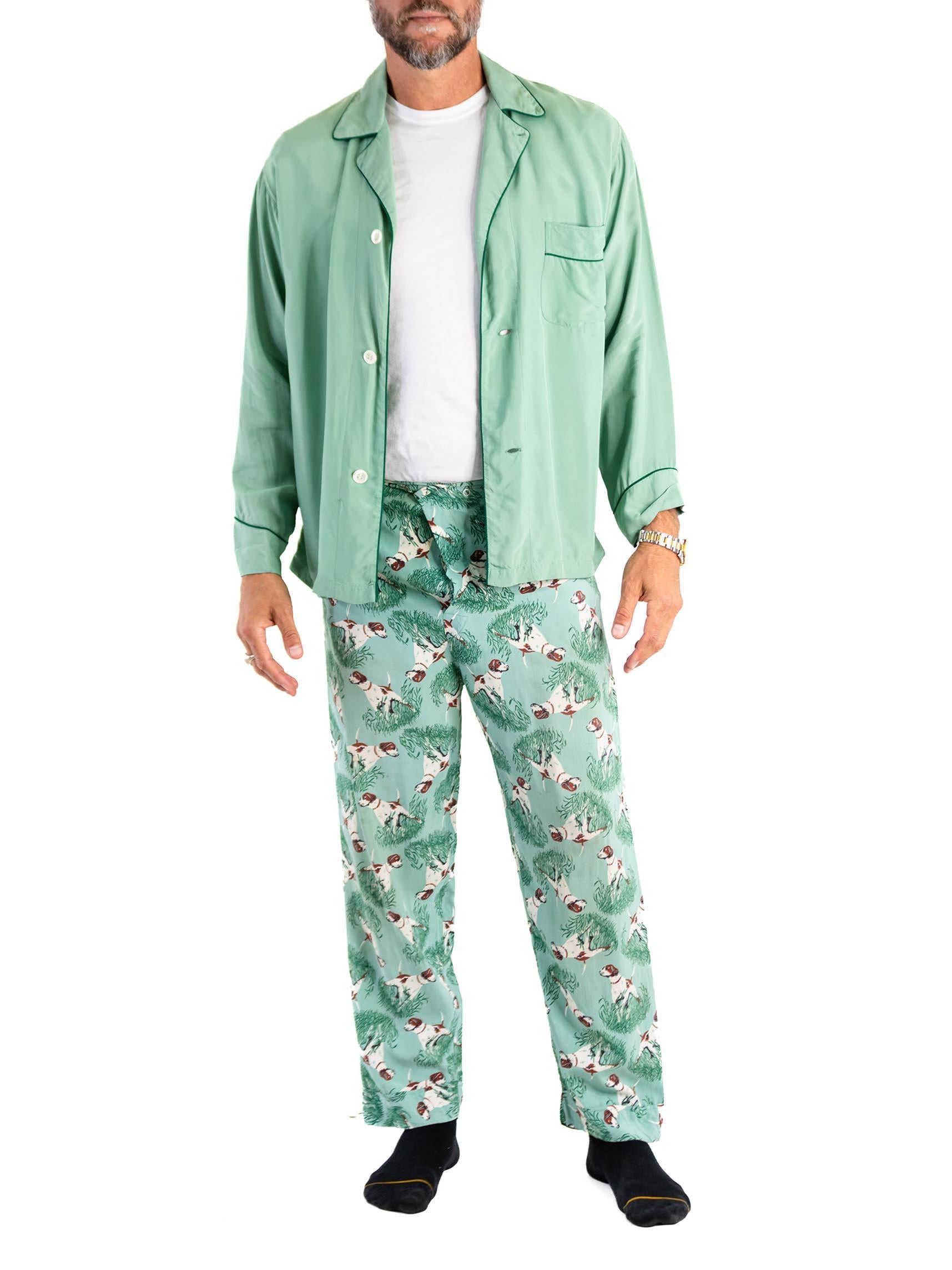 Ensemble pyjama 1940S en rayonne sarcelle solide et pantalon de chien de chasse en vente 1