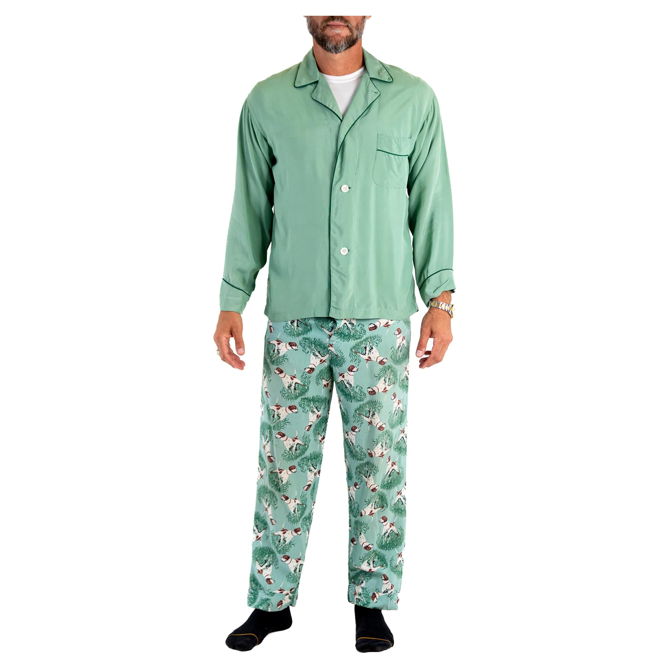 1940S Teal Rayon Solid Top And Hunting Dog Pants Pajamas Set For Sale