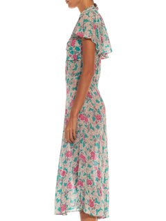 1940S Teal & White Floral Print Rayon Chiffon Dress