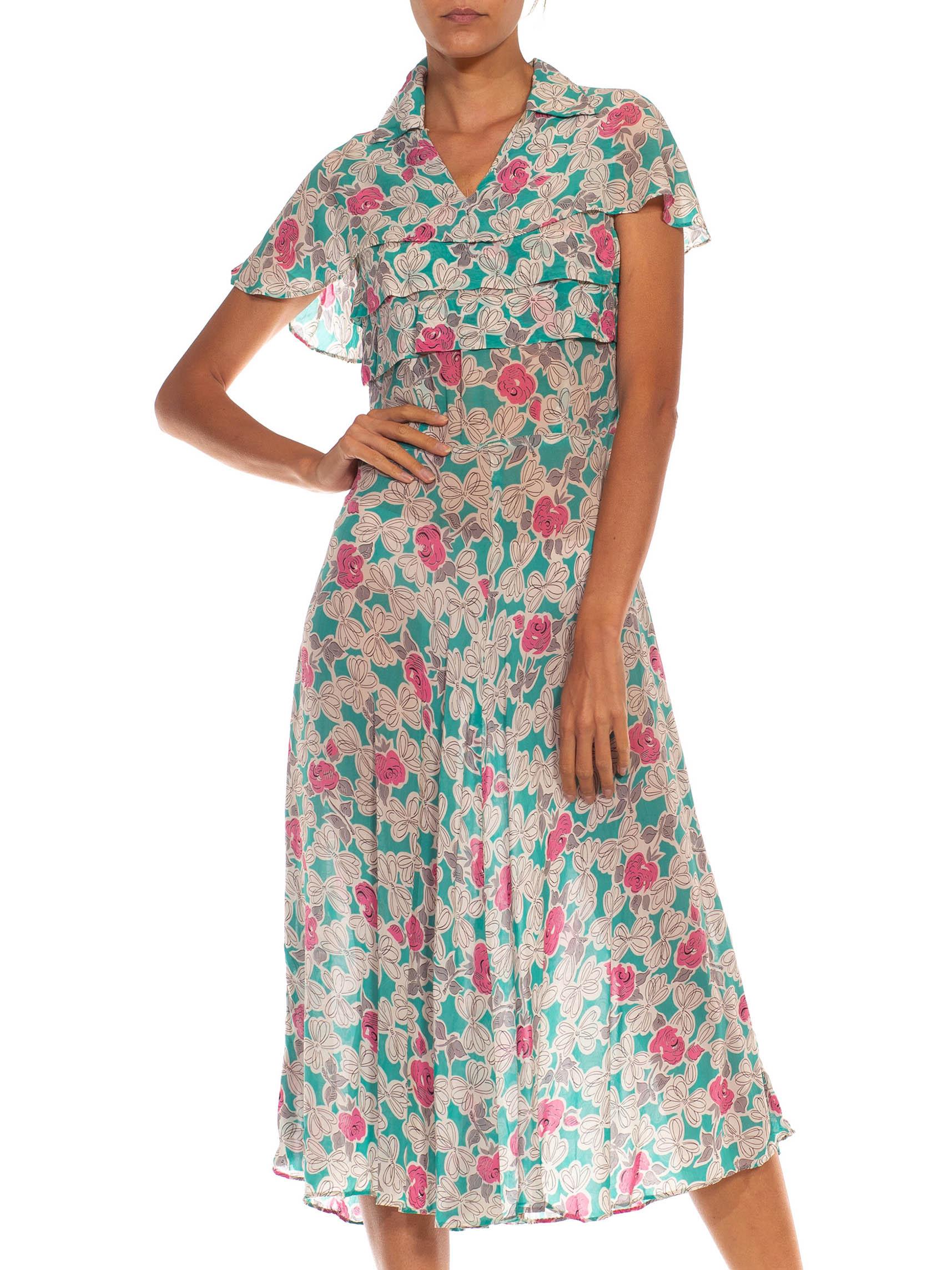 Blue 1940S Teal & White Floral Print Rayon Chiffon Dress For Sale