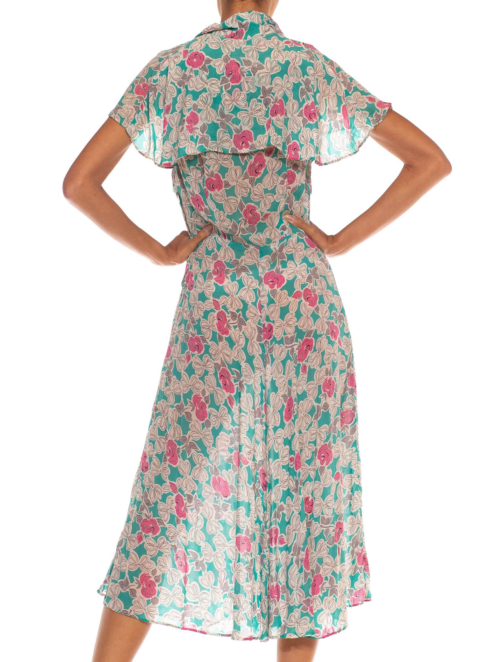 1940S Teal & White Floral Print Rayon Chiffon Dress For Sale 1