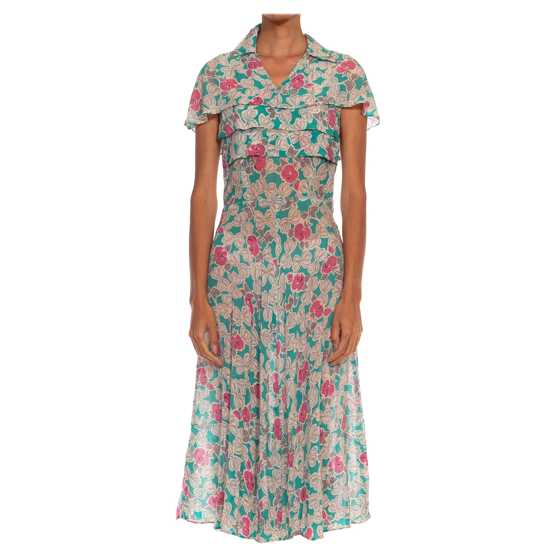 Teal & White Floral Print Rayon Chiffon Kleid aus den 1940er Jahren