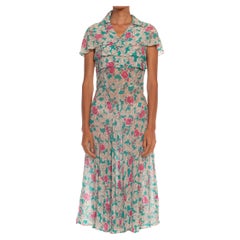 Teal & White Floral Print Rayon Chiffon Kleid aus den 1940er Jahren