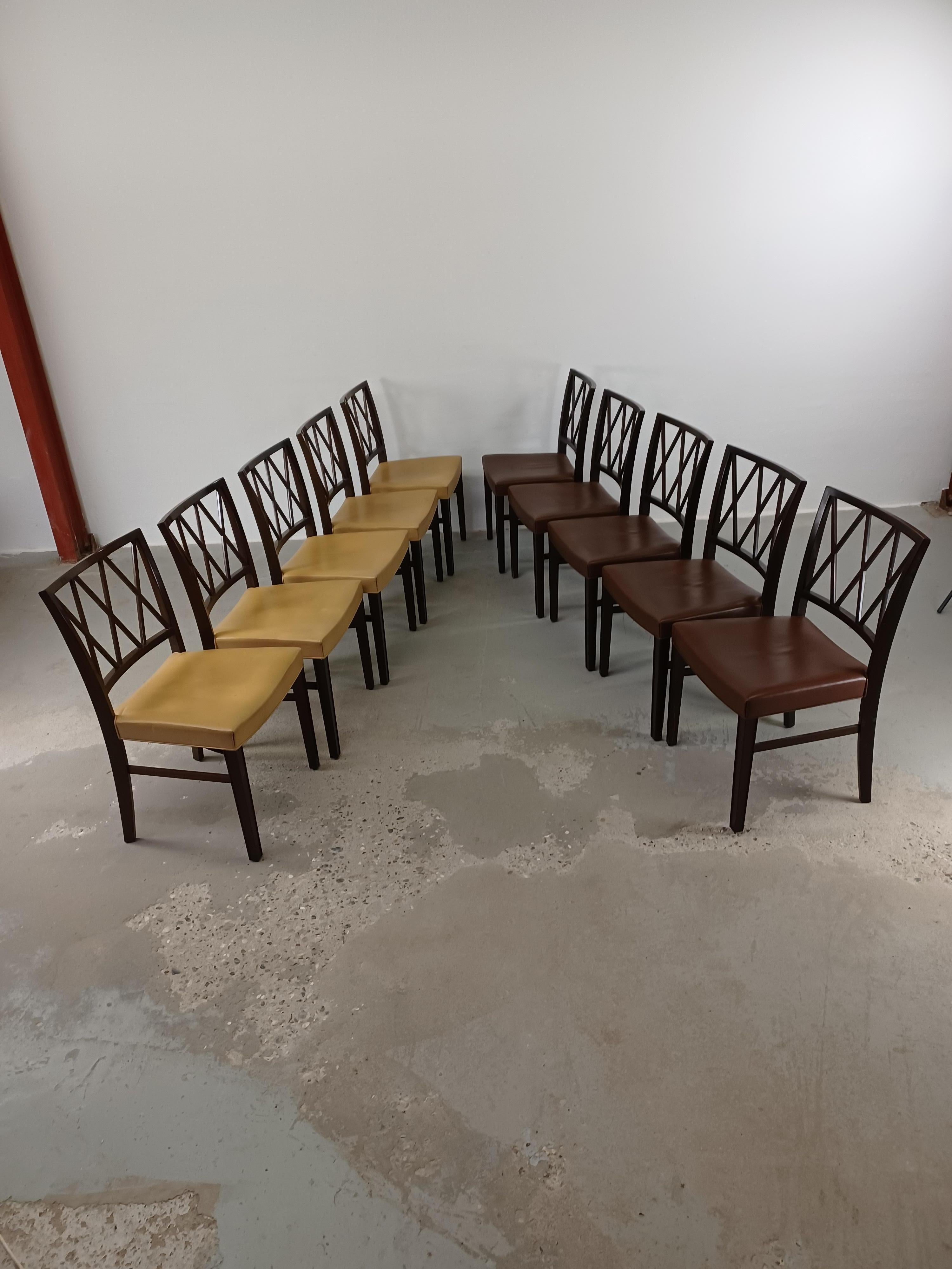 1940s ten restored Danish Ole Wanscher customizable mahogany dining chairs by A.J. Iversen.

The chairs with their solid yet at the same time light and elegant lines and small details feature Ole Wanschers deep sense of style, design and