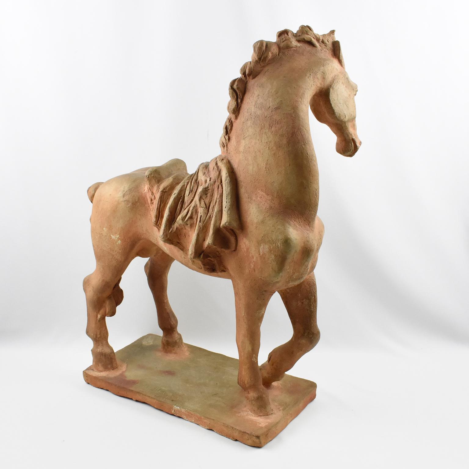 Mid-20th Century 1940s Terracotta Horse Sculpture by French J. de Monpesat