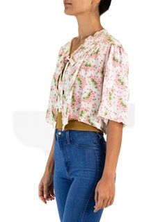 1940s Textron White Cold Rayon Pink Floral Bed Jacket
