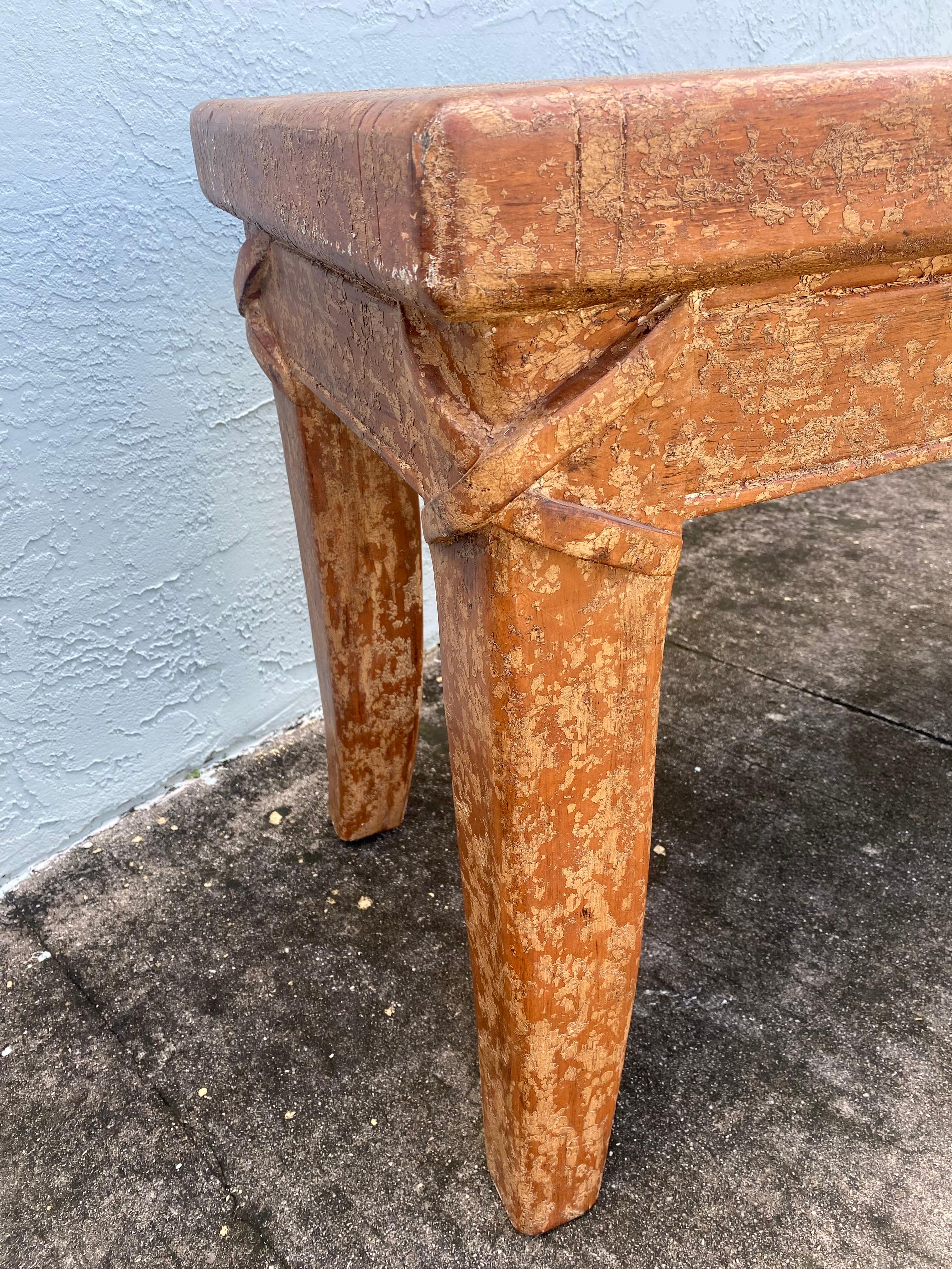1940s Artistic Salmon Carved Textured Rustic Farmhouse Wood Console Table Desk For Sale 4