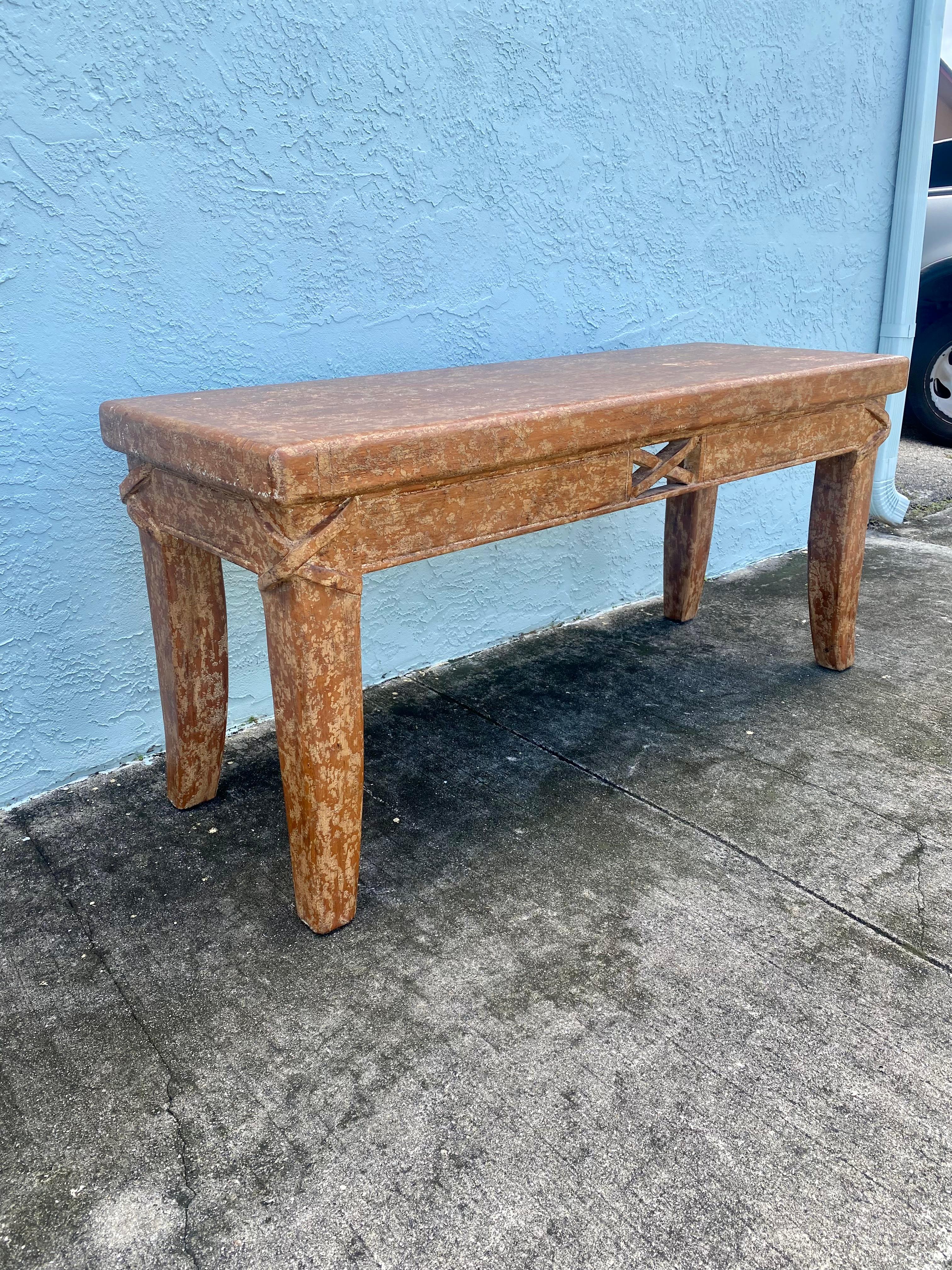 Spanish Colonial 1940s Artistic Salmon Carved Textured Rustic Farmhouse Wood Console Table Desk For Sale