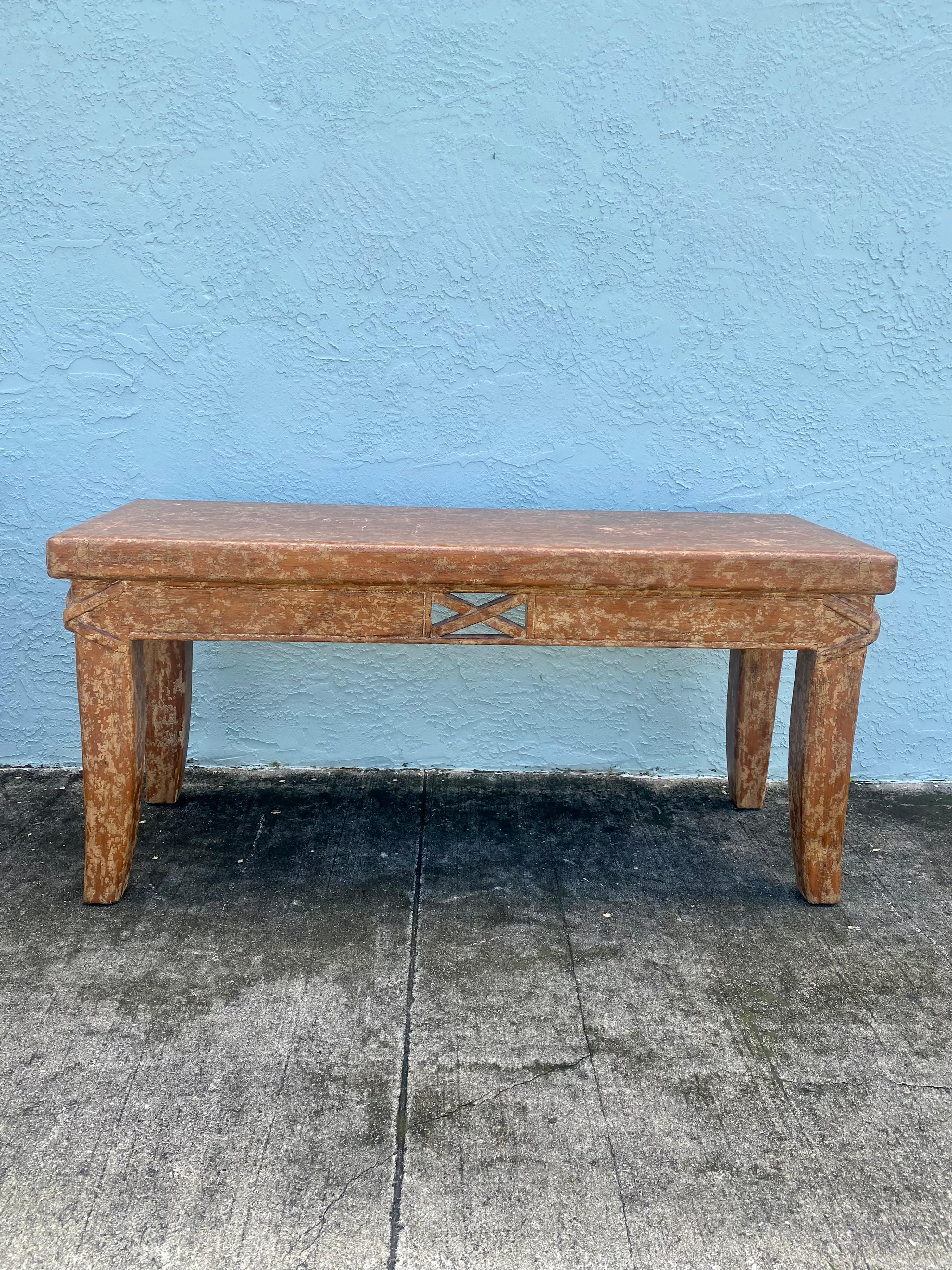 Spanish 1940s Artistic Salmon Carved Textured Rustic Farmhouse Wood Console Table Desk For Sale