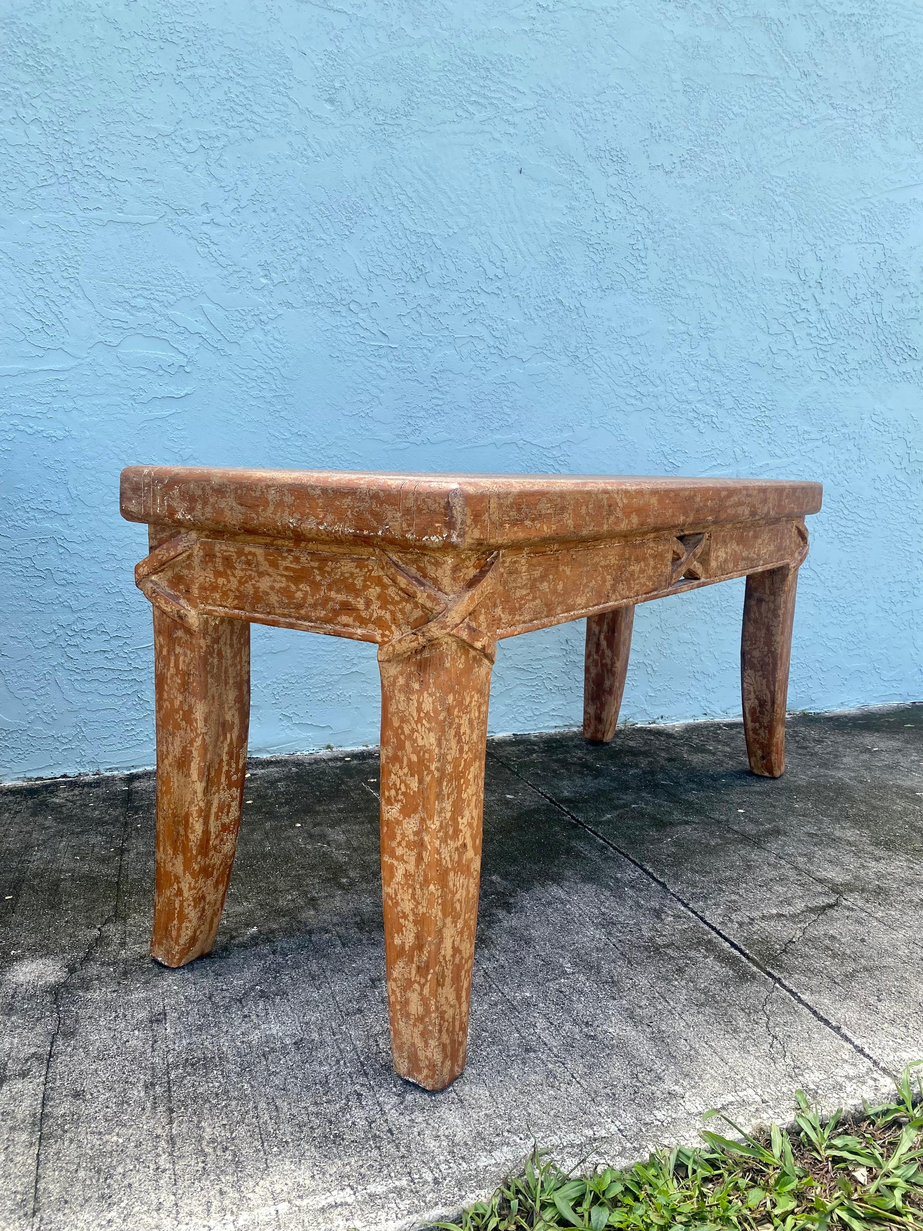 1940s Artistic Salmon Carved Textured Rustic Farmhouse Wood Console Table Desk In Good Condition For Sale In Fort Lauderdale, FL