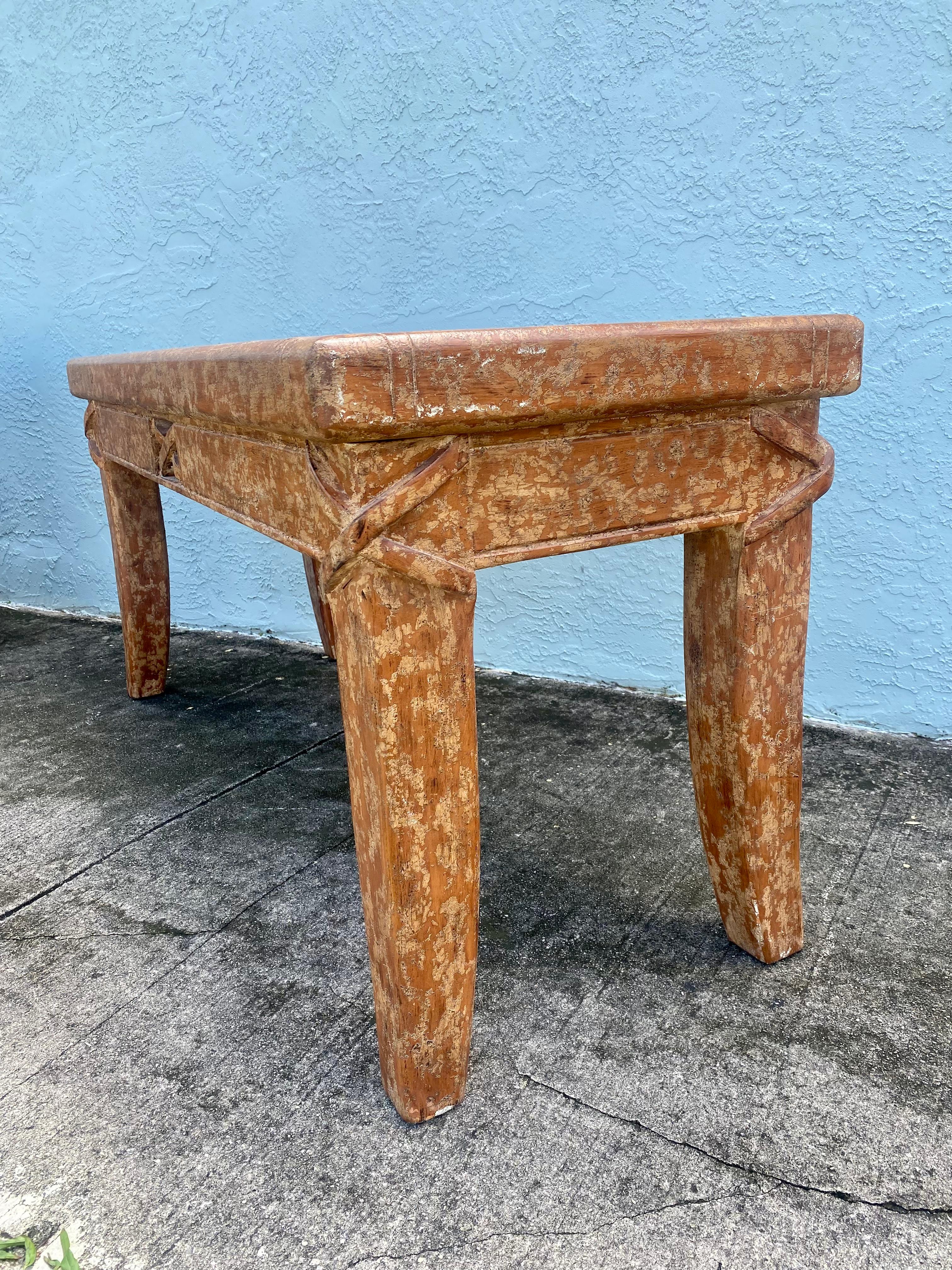 Mid-20th Century 1940s Artistic Salmon Carved Textured Rustic Farmhouse Wood Console Table Desk For Sale