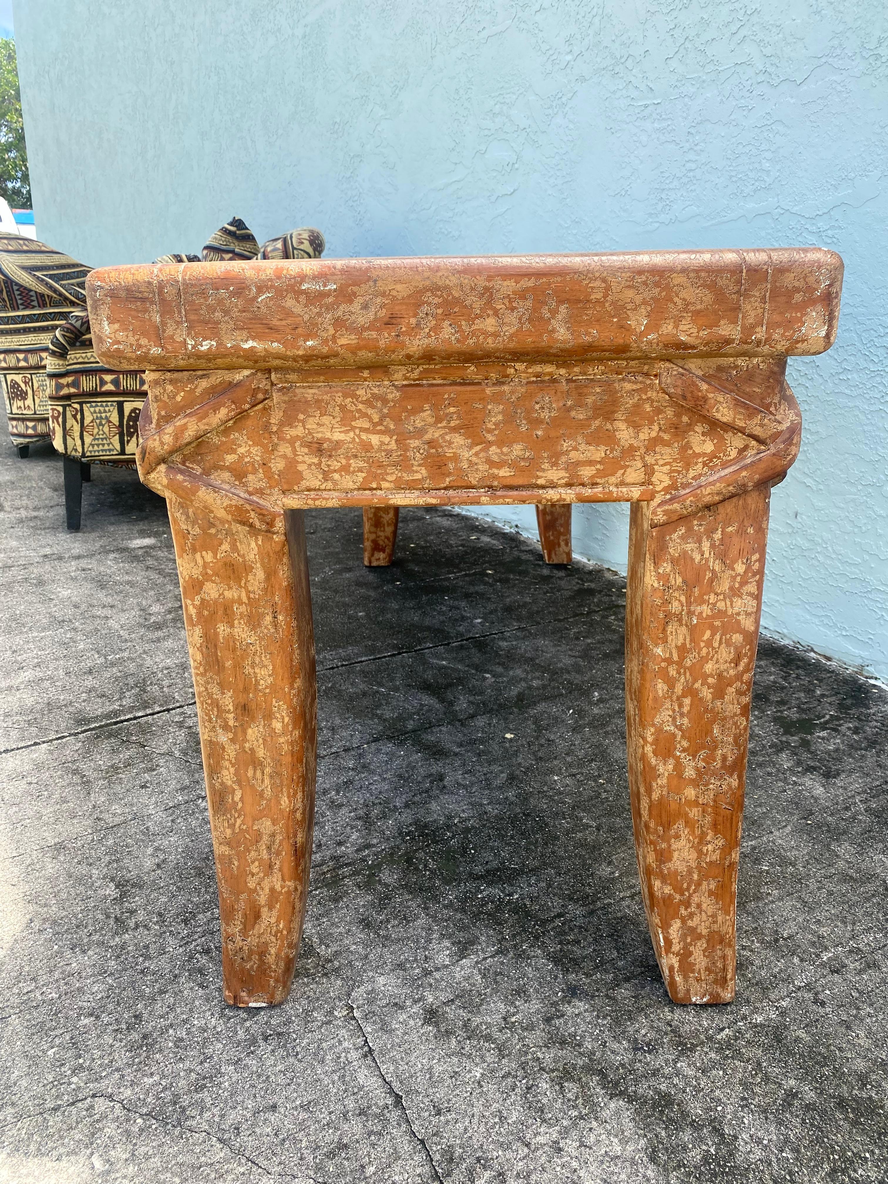 1940s Artistic Salmon Carved Textured Rustic Farmhouse Wood Console Table Desk For Sale 1