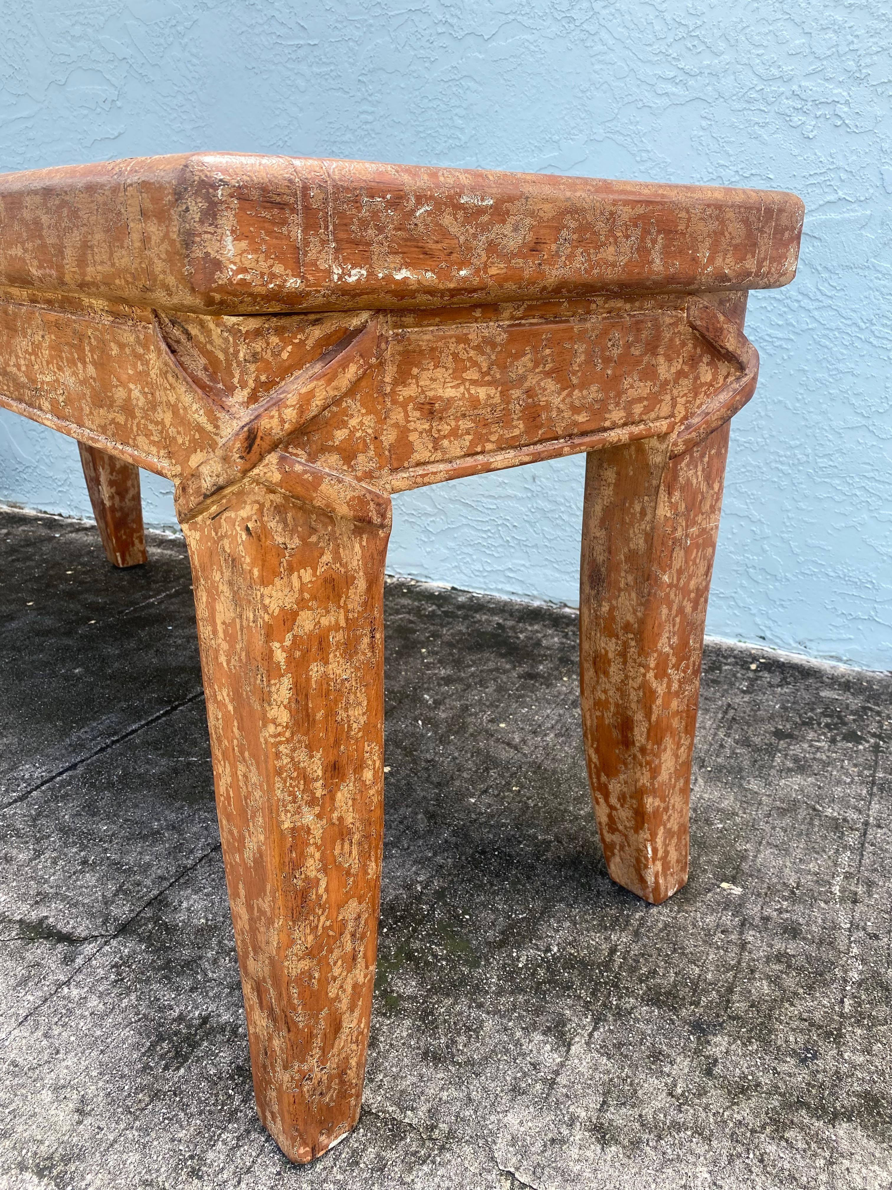 1940s Artistic Salmon Carved Textured Rustic Farmhouse Wood Console Table Desk For Sale 2