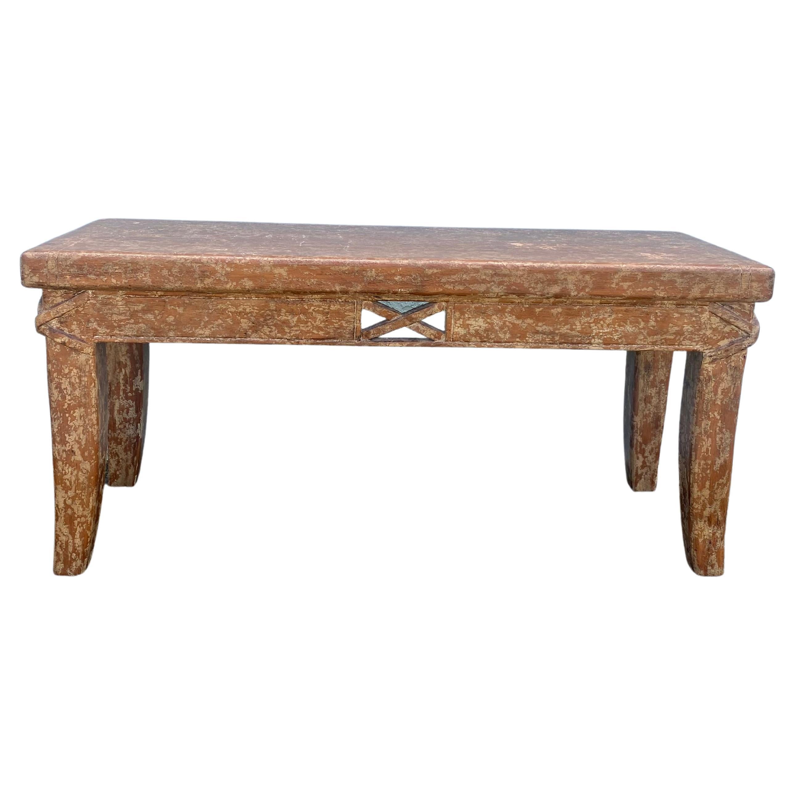 1940s Artistic Salmon Carved Textured Rustic Farmhouse Wood Console Table Desk For Sale