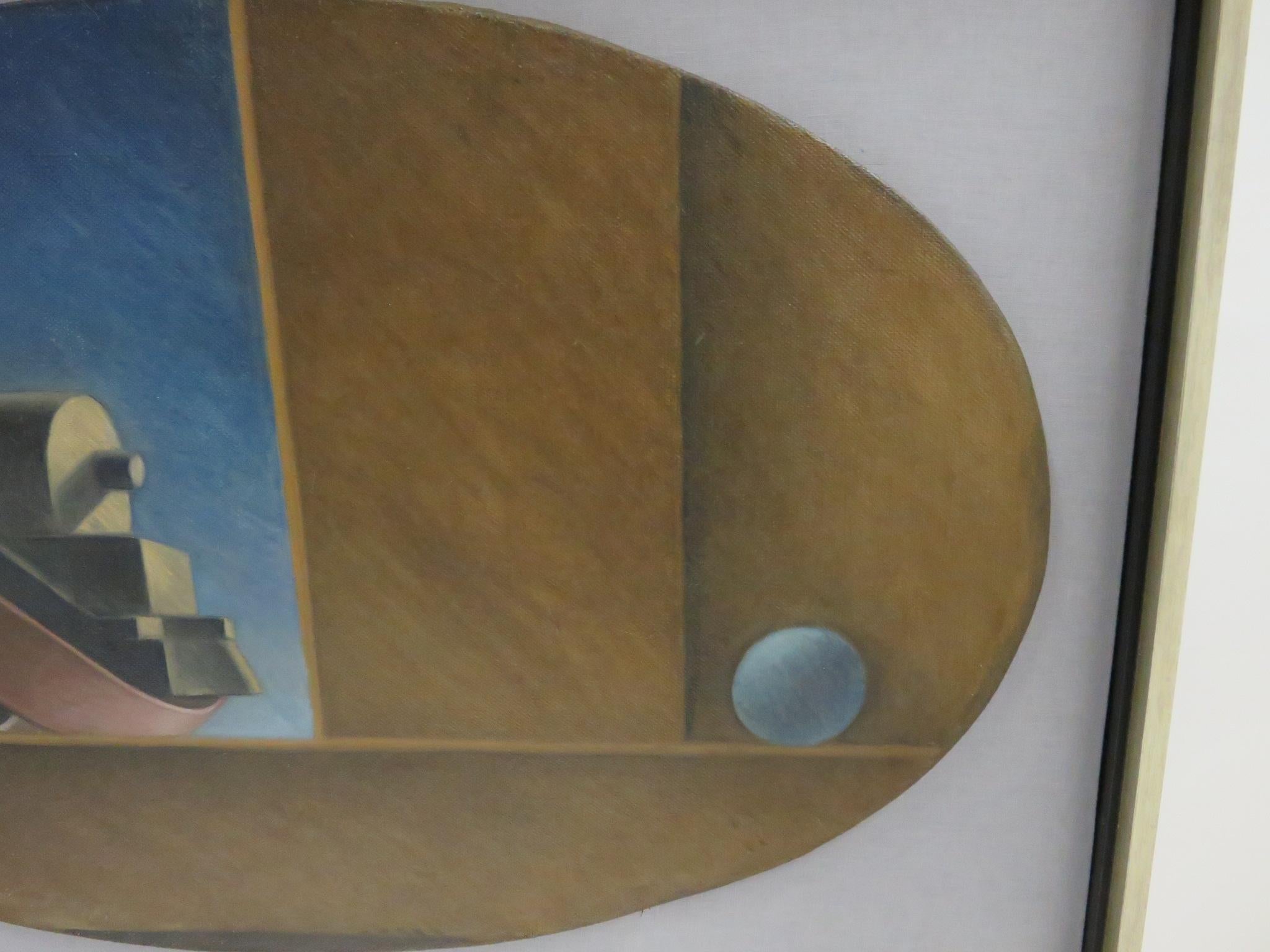 1940er Jahre Drei Öl auf ovaler Leinwand WPA Gemälde von Zügen w. Bänder Surrealist im Angebot 3