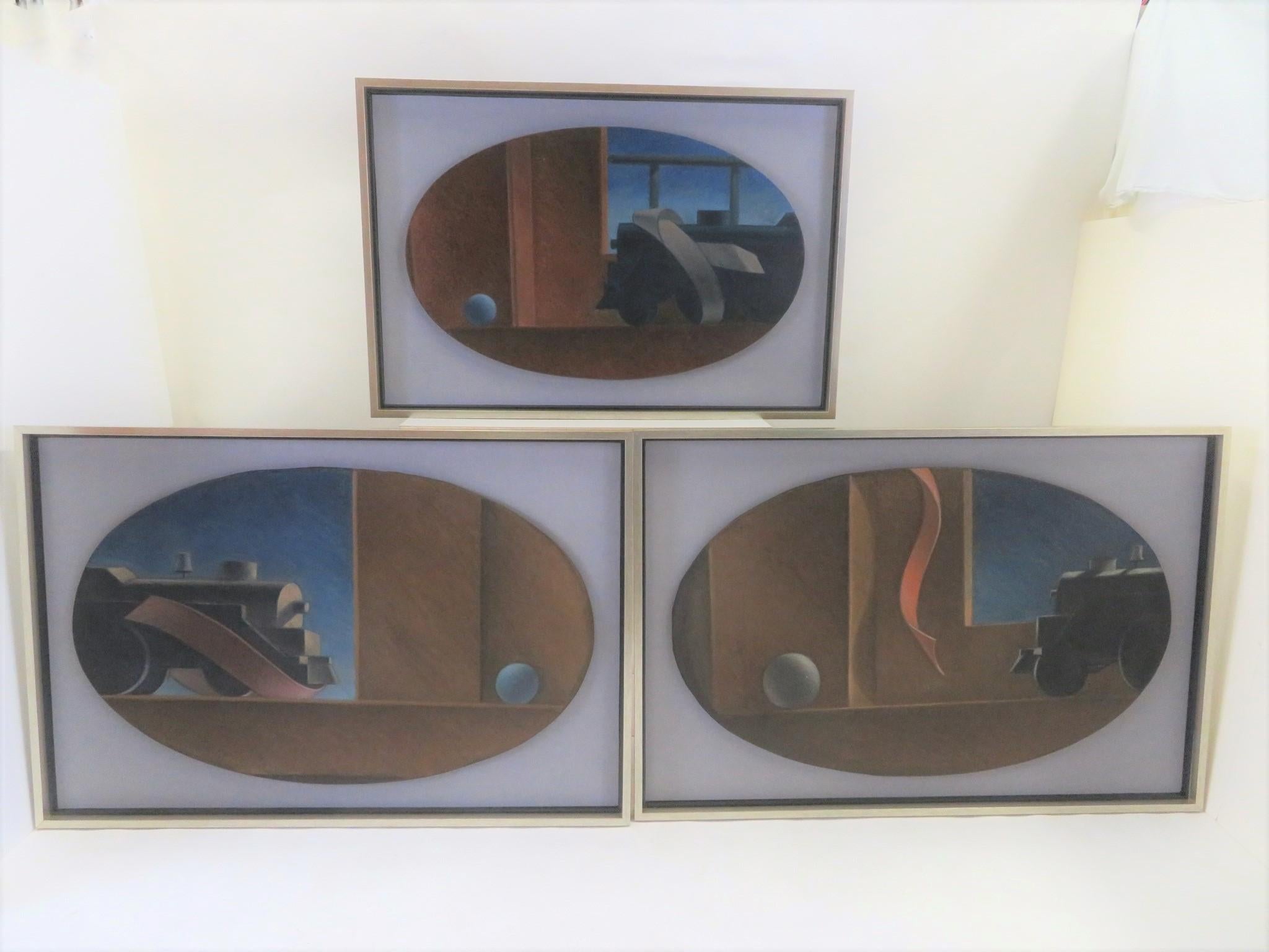 1940er Jahre Drei Öl auf ovaler Leinwand WPA Gemälde von Zügen w. Bänder Surrealist im Angebot 8