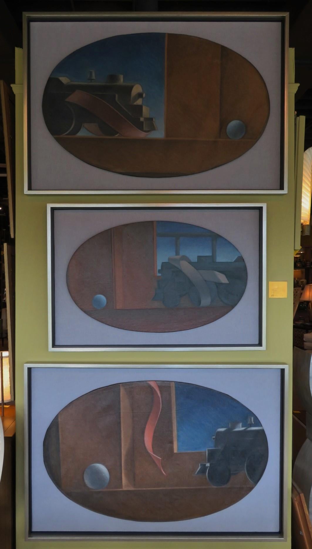 1940er Jahre Drei Öl auf ovaler Leinwand WPA Gemälde von Zügen w. Bänder Surrealist im Angebot 9