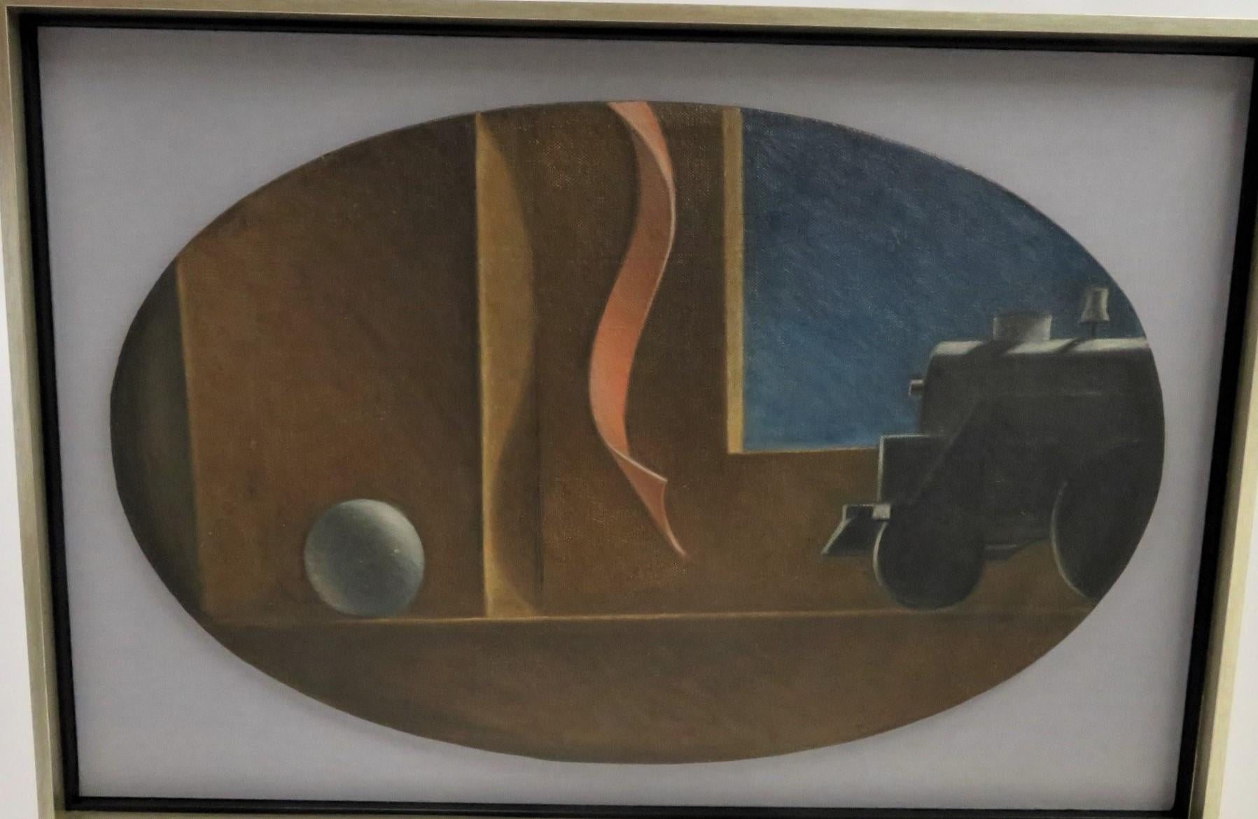 WPA-Ära (1930er/1940er Jahre) Öl auf ovaler Leinwand Gruppierung von 3 Gemälden von Zügen mit einer Schleife und einem schwebenden Ball, ein wenig surrealistisch.  Diese drei von Thomas Hart Benton inspirierten Bilder sind unsigniert und wurden