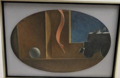 1940s Three Oil on Oval Canvas WPA Paintings of Trains w. Ribbons Surrealist