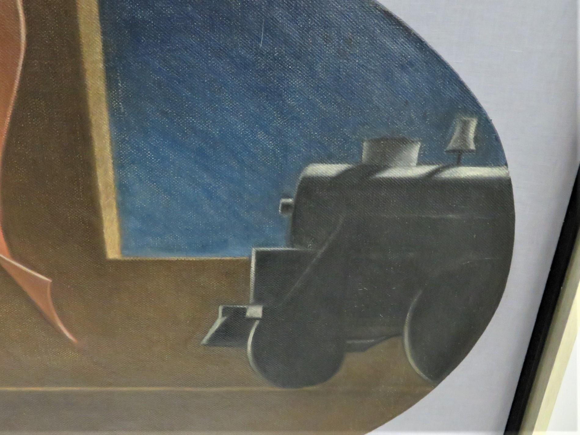 1940er Jahre Drei Öl auf ovaler Leinwand WPA Gemälde von Zügen w. Bänder Surrealist (amerikanisch) im Angebot