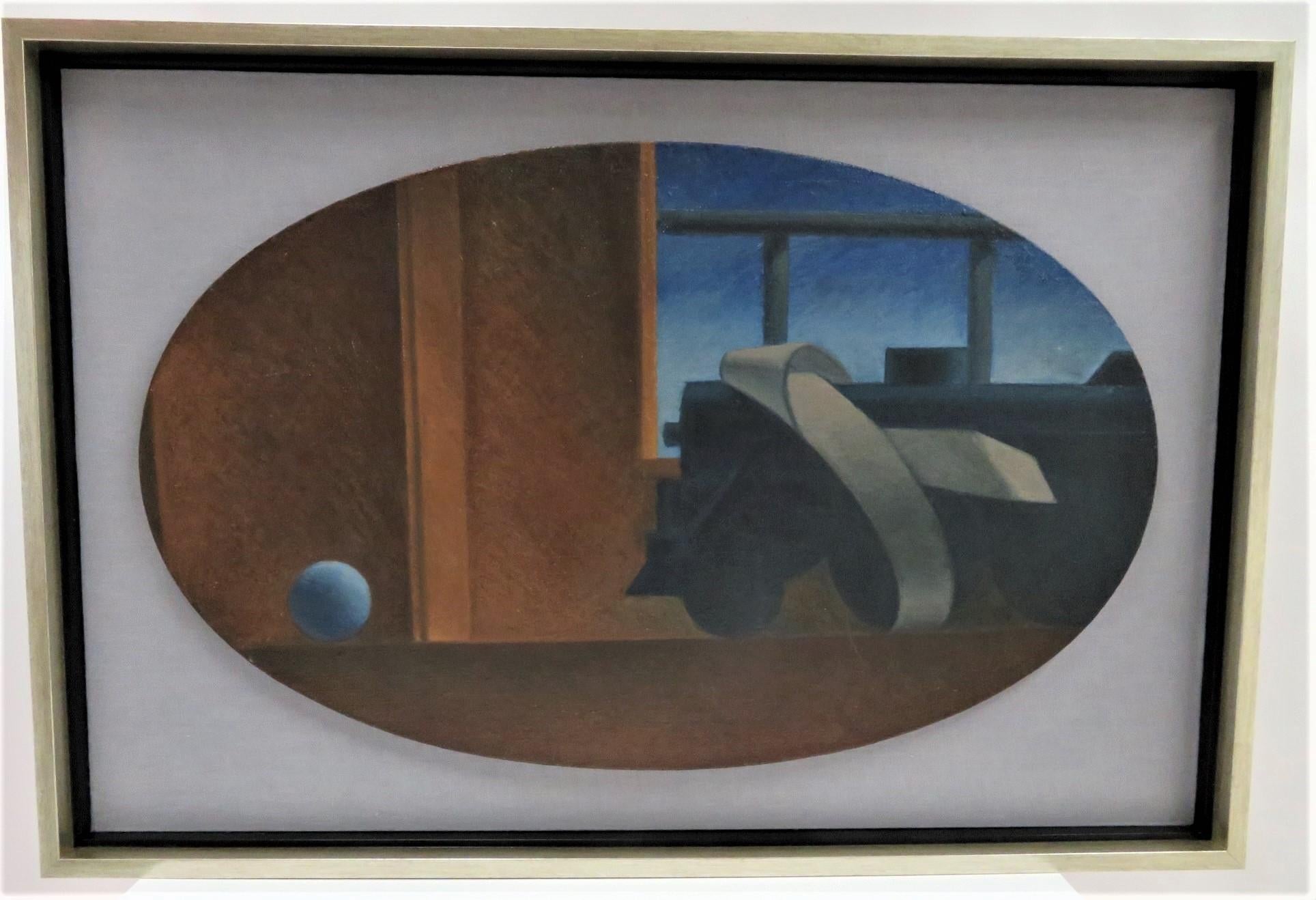1940er Jahre Drei Öl auf ovaler Leinwand WPA Gemälde von Zügen w. Bänder Surrealist (Handbemalt) im Angebot