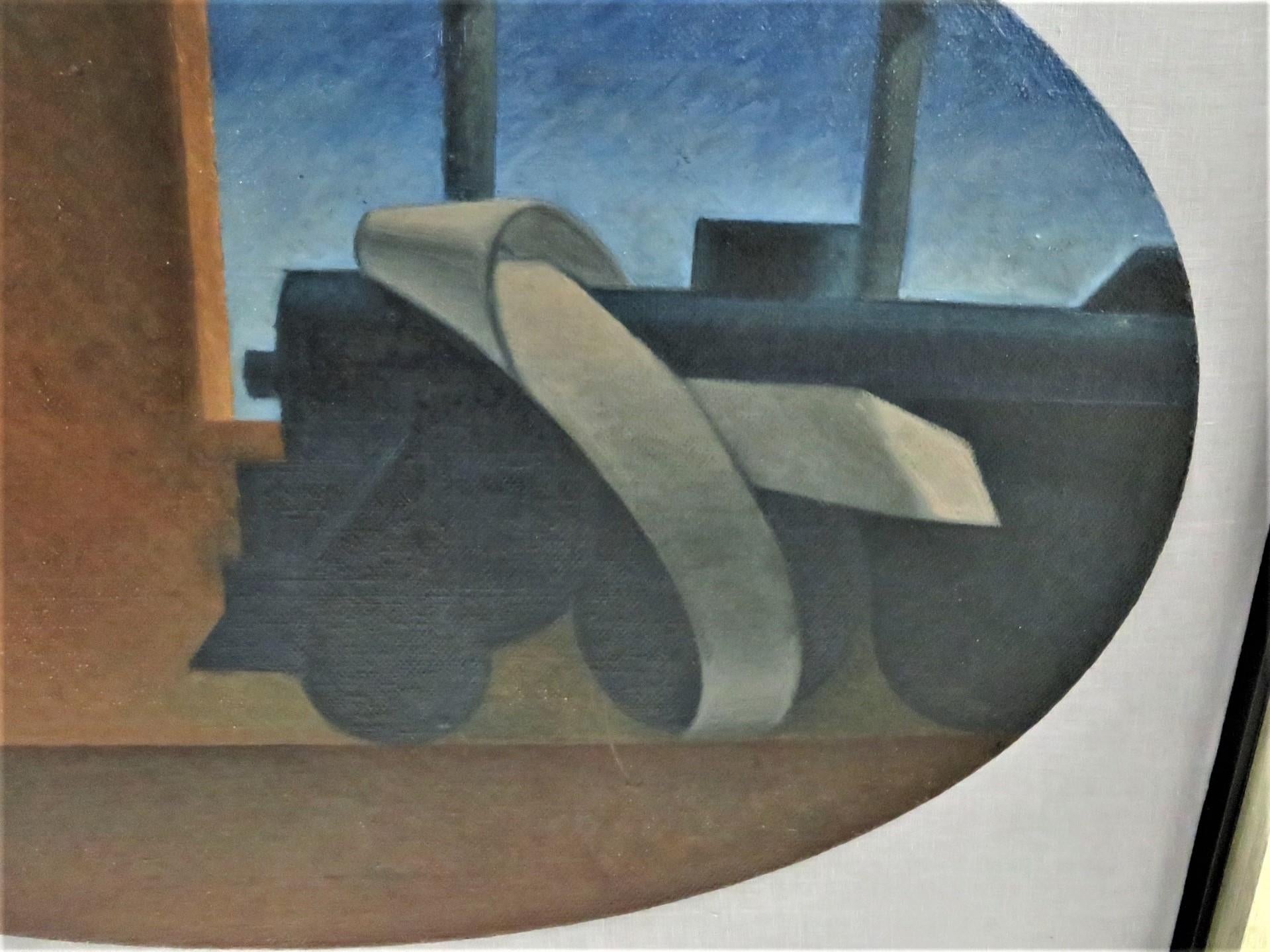 1940er Jahre Drei Öl auf ovaler Leinwand WPA Gemälde von Zügen w. Bänder Surrealist (Mitte des 20. Jahrhunderts) im Angebot