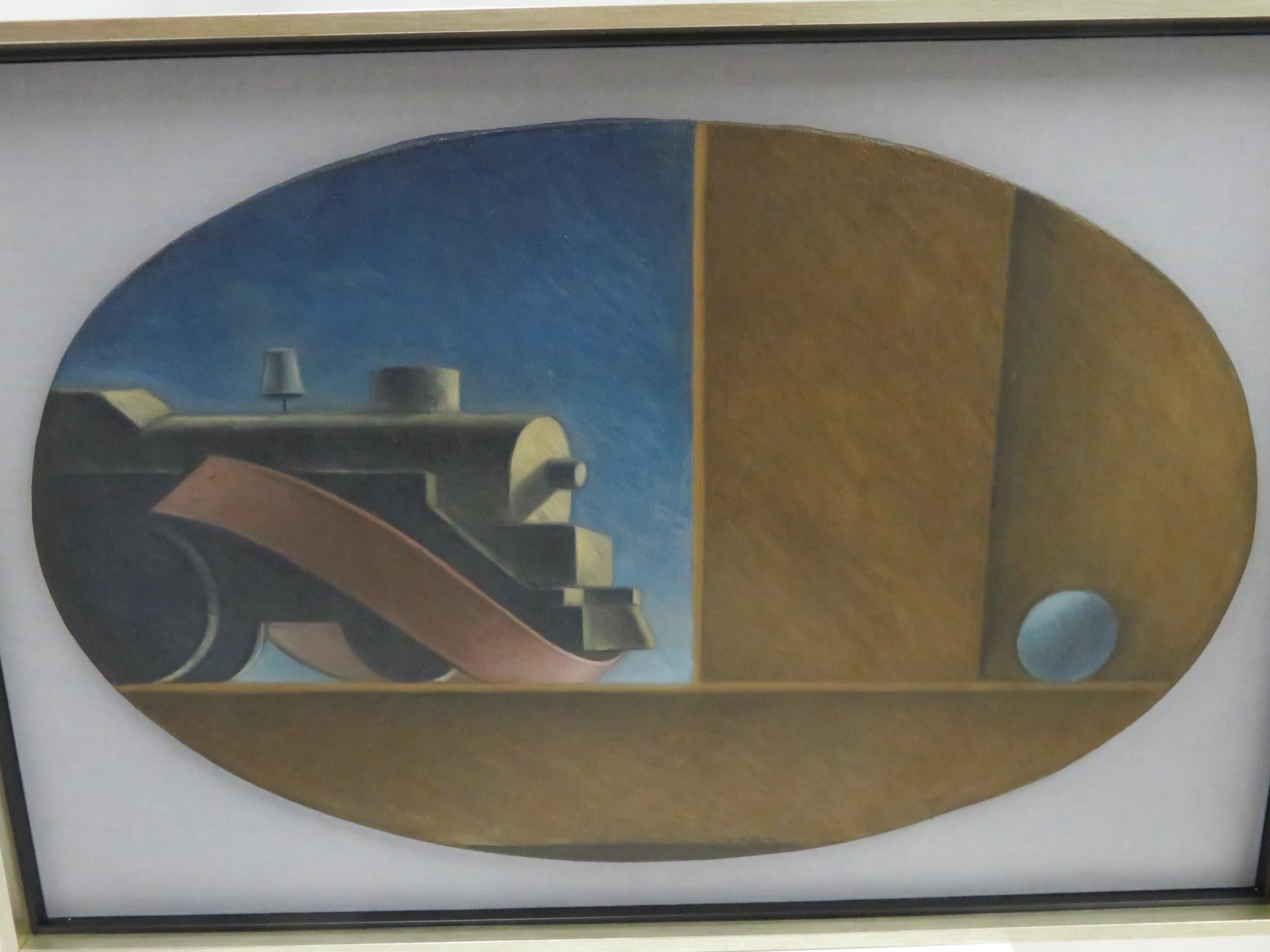 1940er Jahre Drei Öl auf ovaler Leinwand WPA Gemälde von Zügen w. Bänder Surrealist im Angebot 1