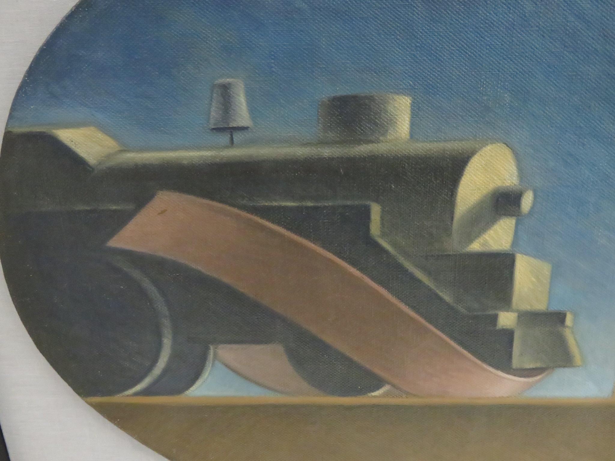 1940er Jahre Drei Öl auf ovaler Leinwand WPA Gemälde von Zügen w. Bänder Surrealist im Angebot 2
