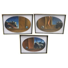 1940s Three Oil on Oval Canvas WPA Paintings of Trains w. Ribbons Surrealist