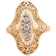 1940s Three-Stone Ring 0.10 Old Euro Diamonds and 14 Karat Yellow Gold Filigree