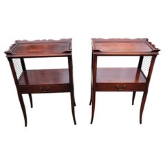1940s Tiered Mahogany One Drawer Galleried Tray Top Side Tables, a Pair