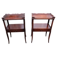 Vintage 1940s Tiered Mahogany  One Drawer Galleried Tray Top Side Tables, a Pair