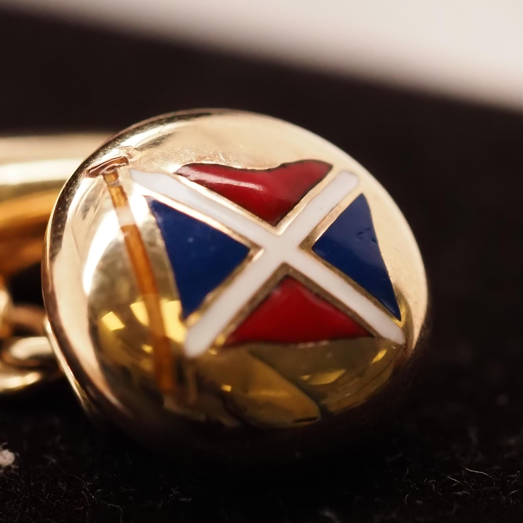 Year: 1940s

Item Details:
Metal Type: 14K Yellow Gold [Hallmarked, and Tested]
Weight: 7.1grams

*Enamel with a flag on both cufflinks is in excellent condition.

Condition: Excellent
