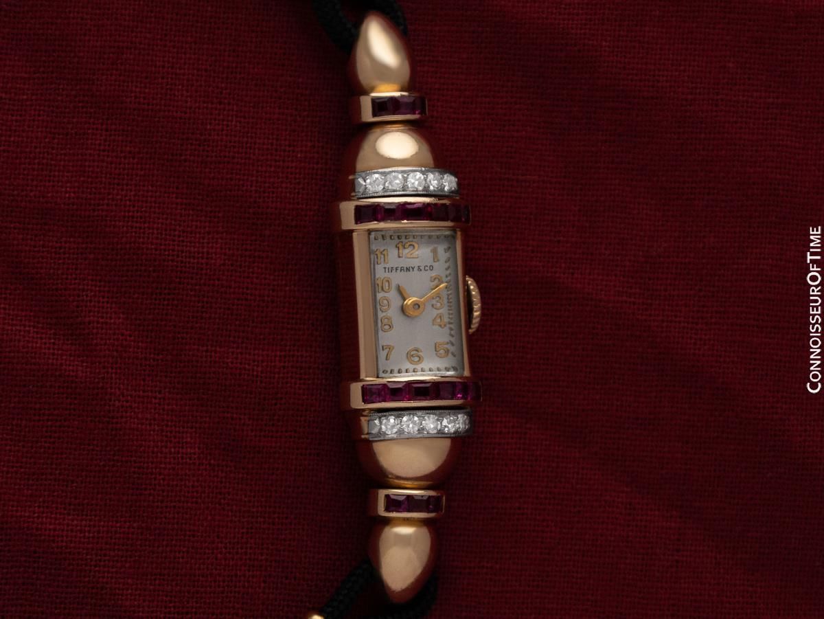 1940er Jahre TIFFANY & CO. Damen-Vintage-Uhr - 14K Gold mit Diamanten und Rubinen im Angebot 5
