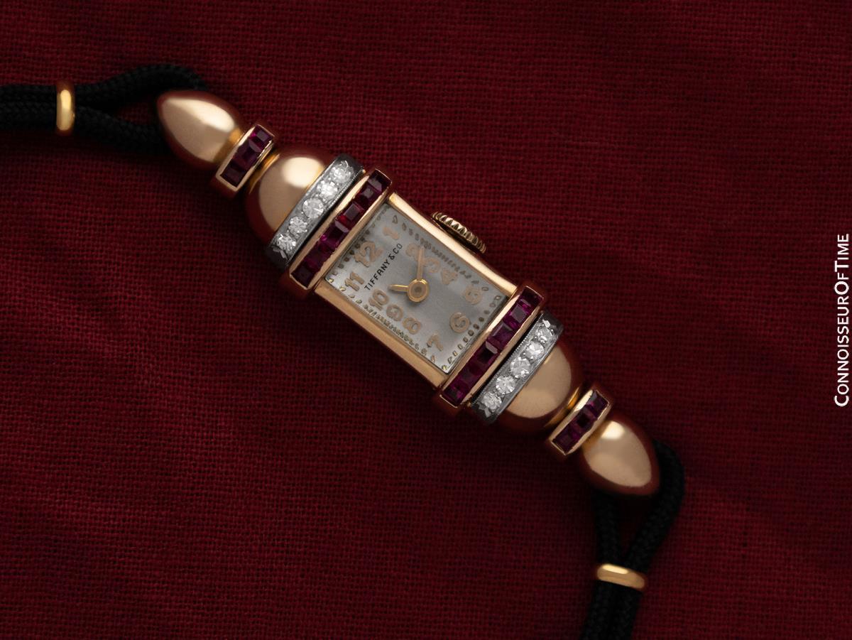 1940er Jahre TIFFANY & CO. Damen-Vintage-Uhr - 14K Gold mit Diamanten und Rubinen im Angebot 6