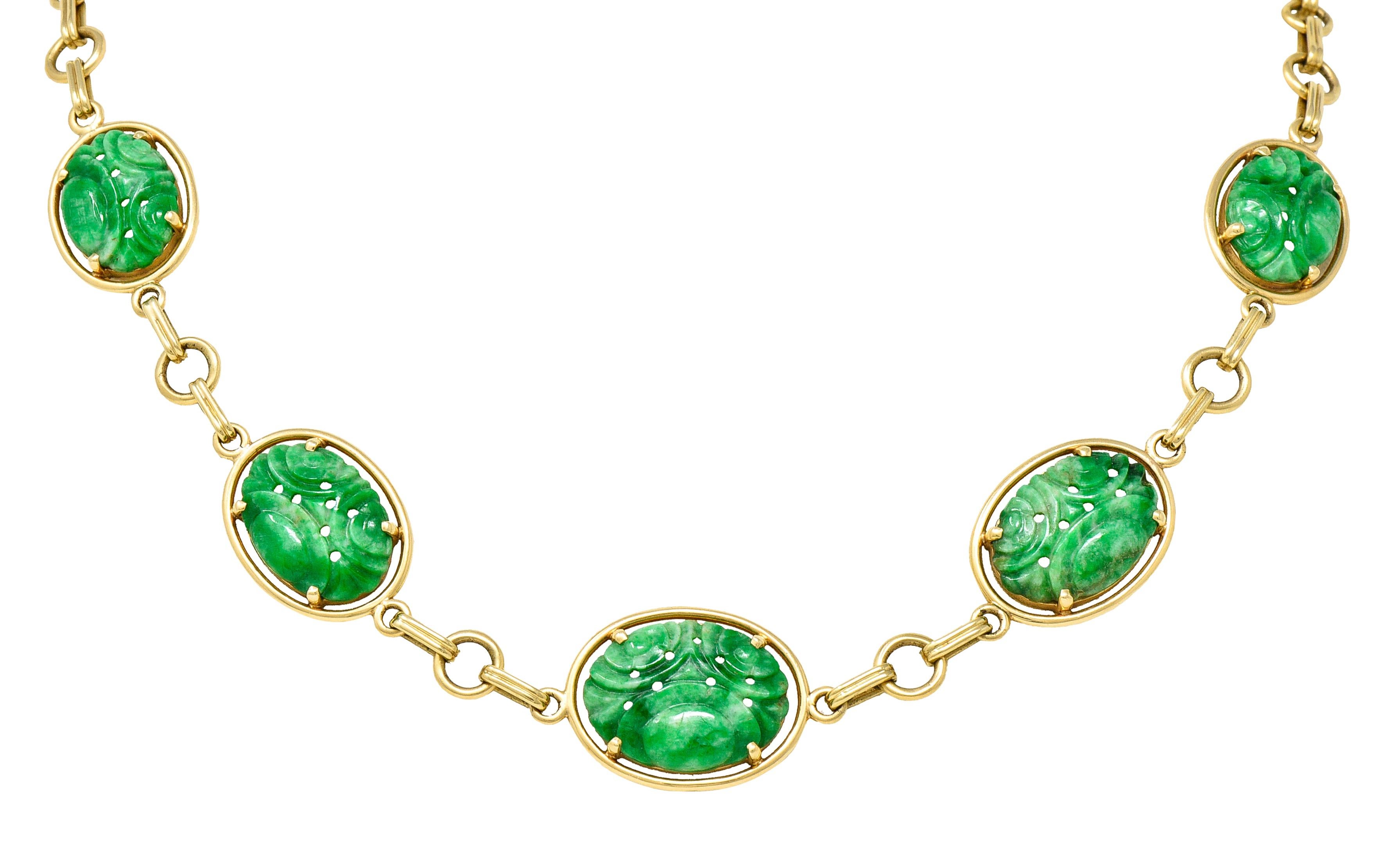 1940's Tiffany & Co. Retro Carved Jade 14 Karat Yellow Gold Linked Chain Necklac 4