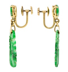 1940's Tiffany & Co. Retro Carved Jade 14 Karat Yellow Gold Screwback Earrings