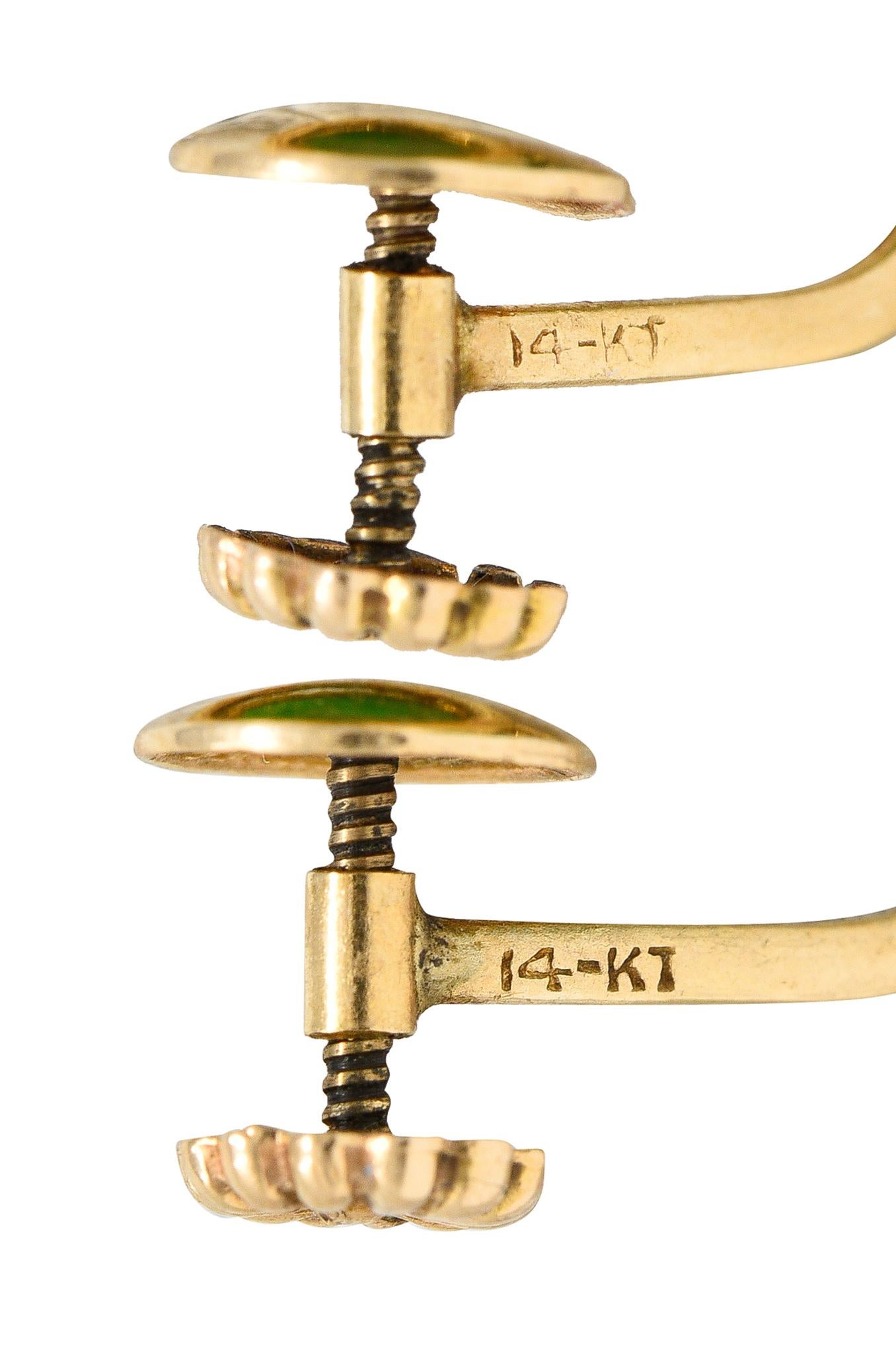 Cabochon 1940's Tiffany & Co. Retro Carved Jade 14 Karat Yellow Gold Screwback Earrings
