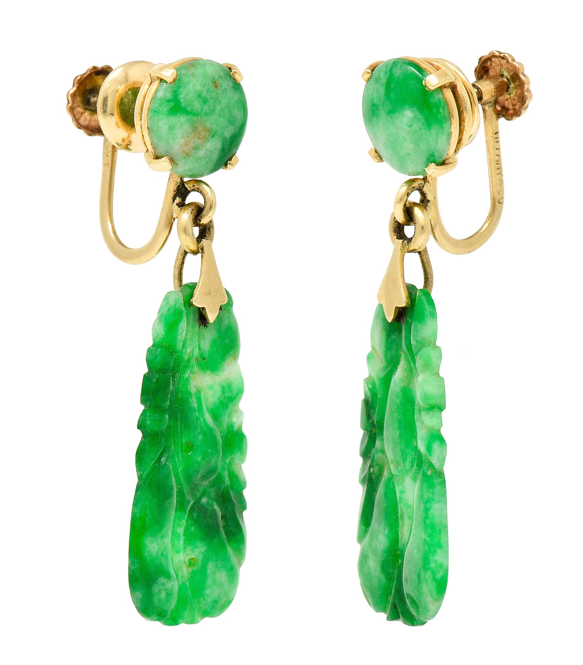 1940's Tiffany & Co. Retro Carved Jade 14 Karat Yellow Gold Screwback Earrings In Excellent Condition In Philadelphia, PA