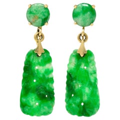 1940's Tiffany & Co. Retro Carved Jade 14 Karat Yellow Gold Screwback Earrings