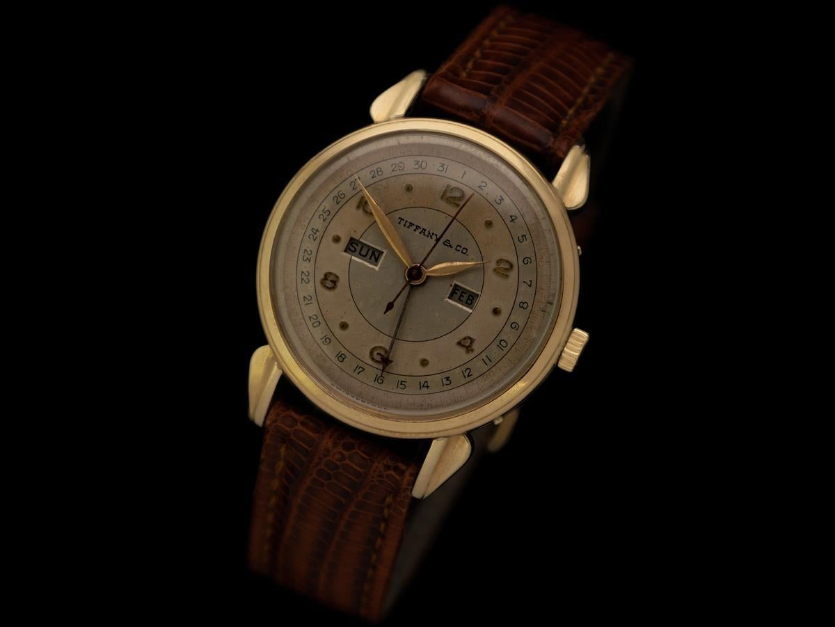 1940er Tiffany & Co. Vintage Dreifachkalender Herren 14K Golduhr, Vintage im Zustand „Hervorragend“ im Angebot in Suwanee, GA