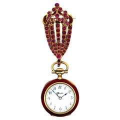 Vintage 1940's Tiffany & Company Diamond Ruby Red Enamel 18KYG Pendant Brooch Watch