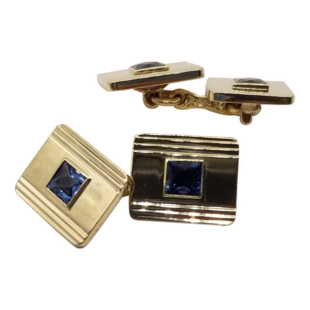 1940s Tiffany Square Cut Sapphire Gold Cufflinks For Sale