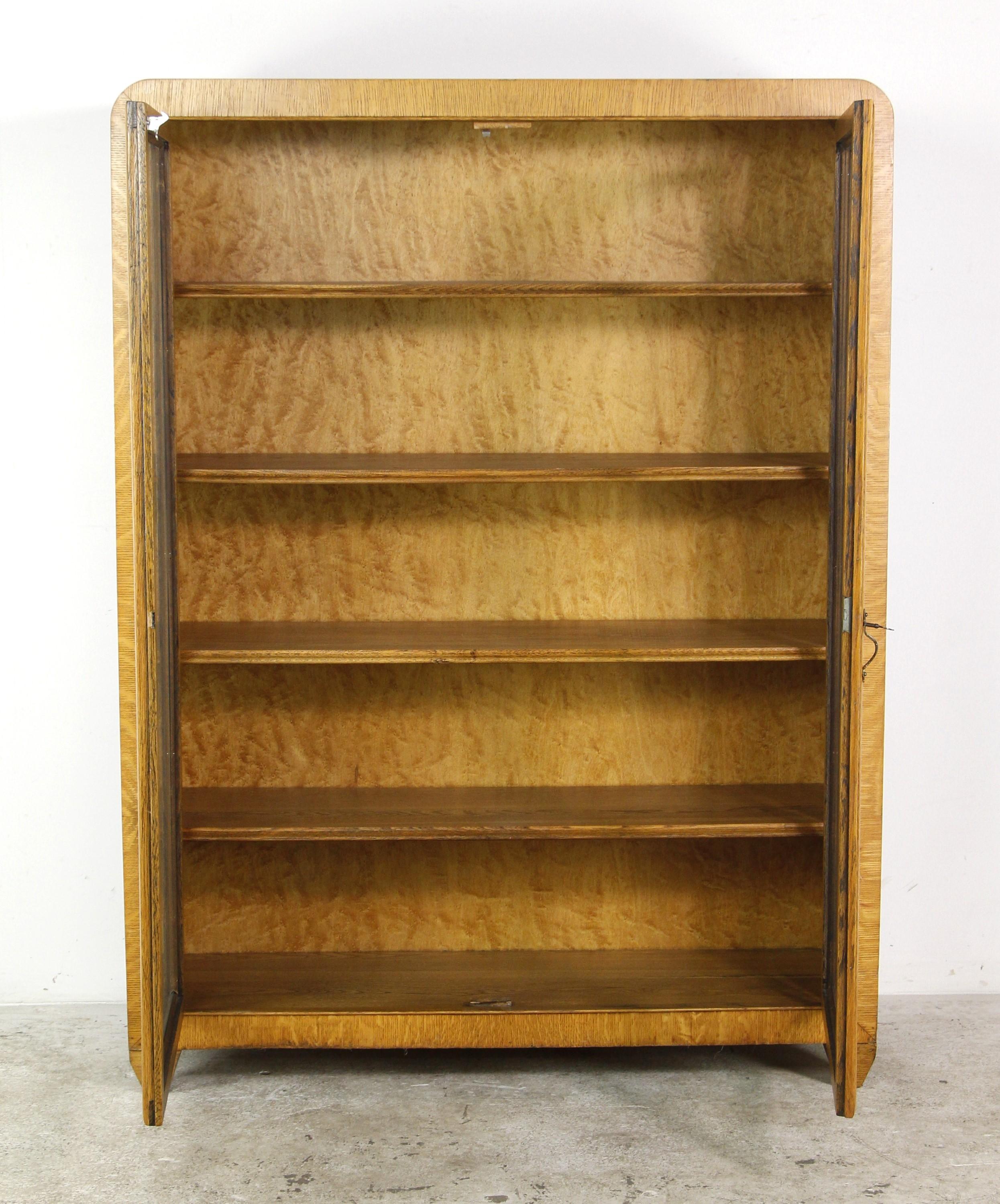 American 1940s Tiger Oak Bookcase Cabinet w. 4 Shelves and Double Glass Doors