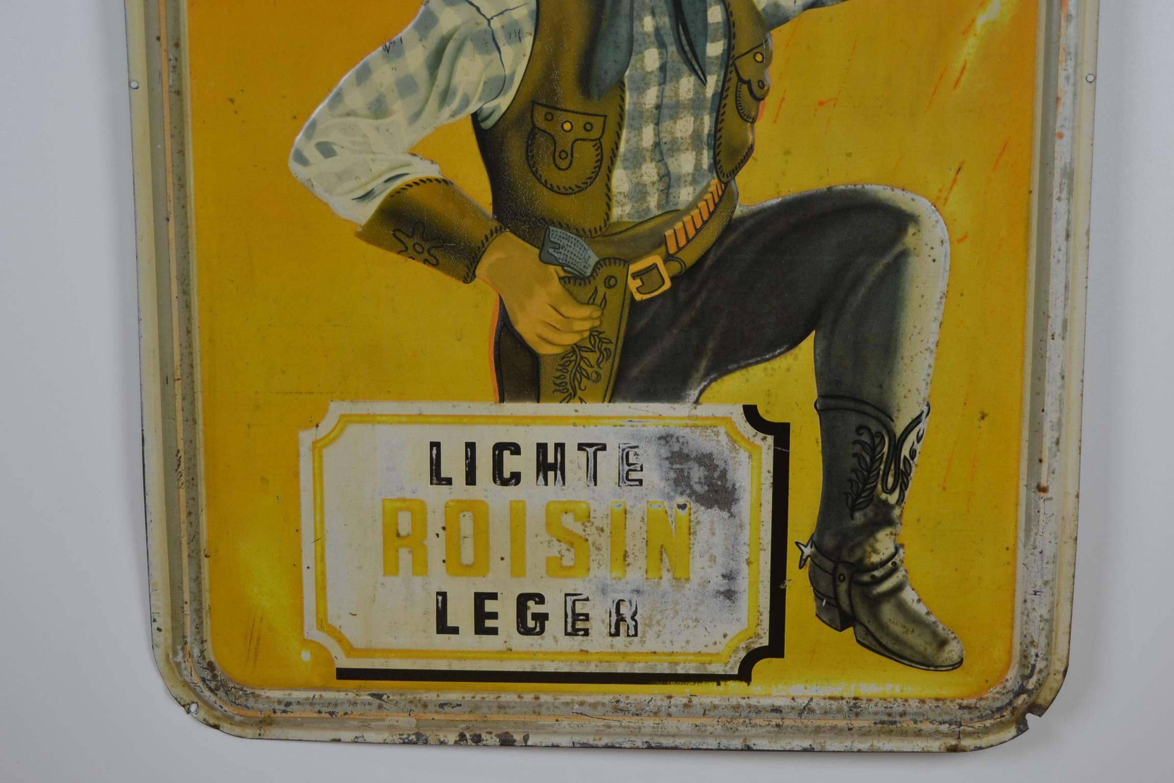 1940s Tin Advertising Sign for Colombo Cigarettes with a Smoking Cowboy 1