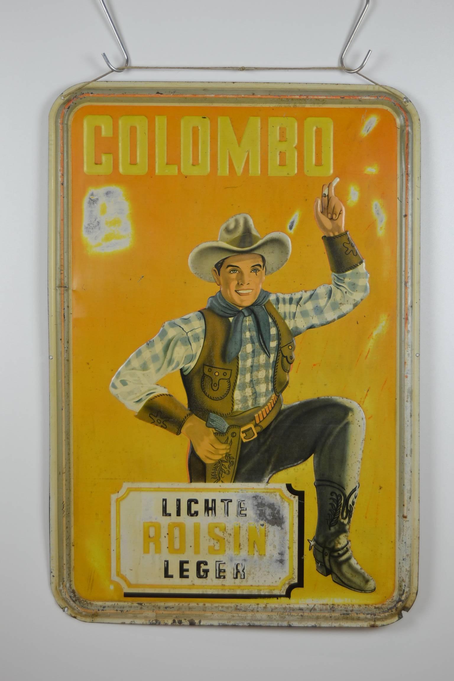 1940s Tin Advertising Sign for Colombo Cigarettes with a Smoking Cowboy 2