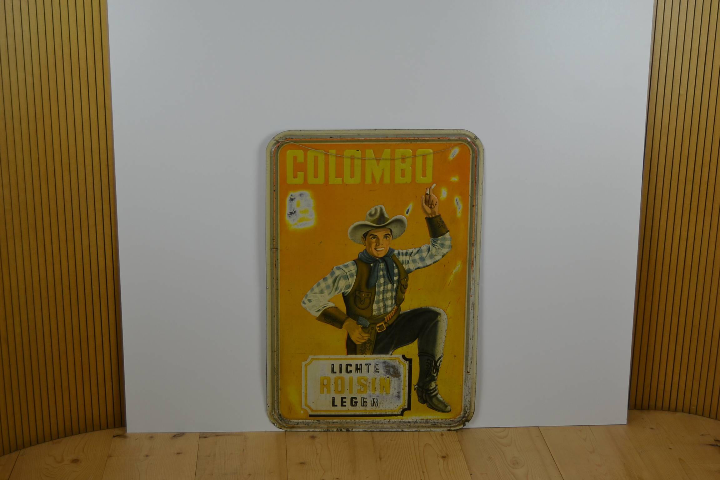 1940s Tin Advertising Sign for Colombo Cigarettes with a Smoking Cowboy 4
